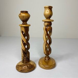 Celtic Barley Twist Carved Olive Wood Turned Candle Holders Sticks Tapers Set 2